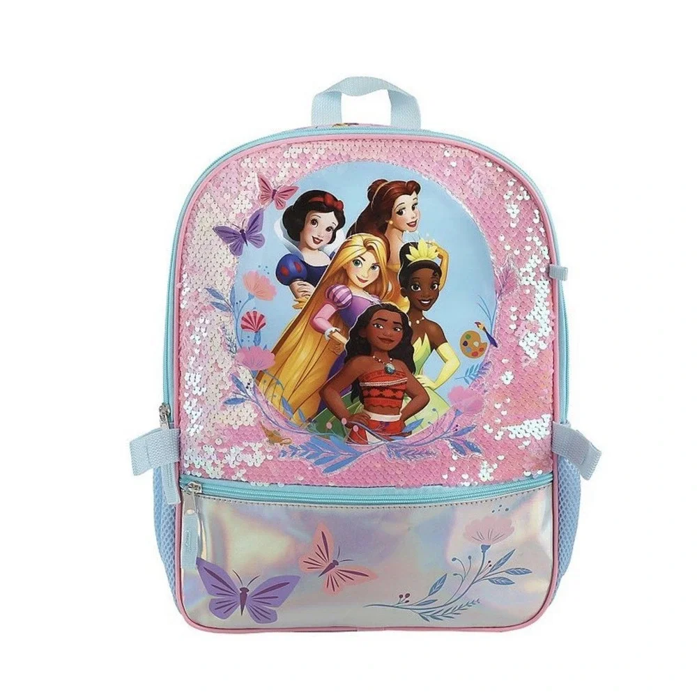 Disney Princess 5-Piece Backpack Set Sequin School Bag Lunch Box Accessories NWT